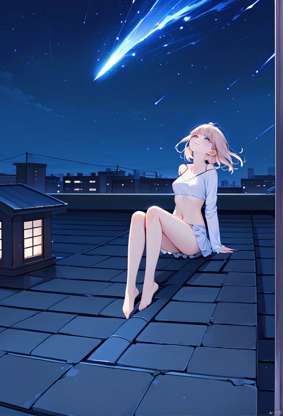  (masterpiece),(bestquality),Rooftop,night,Looking up at the sky,(meteor),1girl, LiuYing,full body,crying with eyes open,smile,medium breasts,