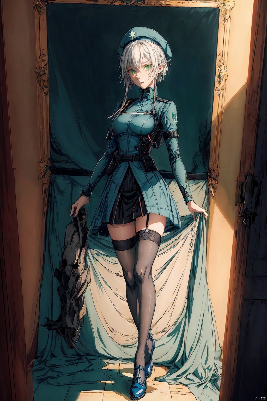  A woman wearing military medical attire, blue-green nurse uniform, medium length short hair, gloomy and angry expression, blue nurse hat, beautiful anime portrait, black stockings, five toes, foot vision, trampling perspective, being stepped on, digital anime illustration, beautiful anime style, fantasy medical worker, anime illustration, anime fantasy illustration, beautiful character painting, pop art, (\ personality \), w_ (Arknights), 1 girl, green eyes, (trampling), ((poakl)),(双手插在口袋)