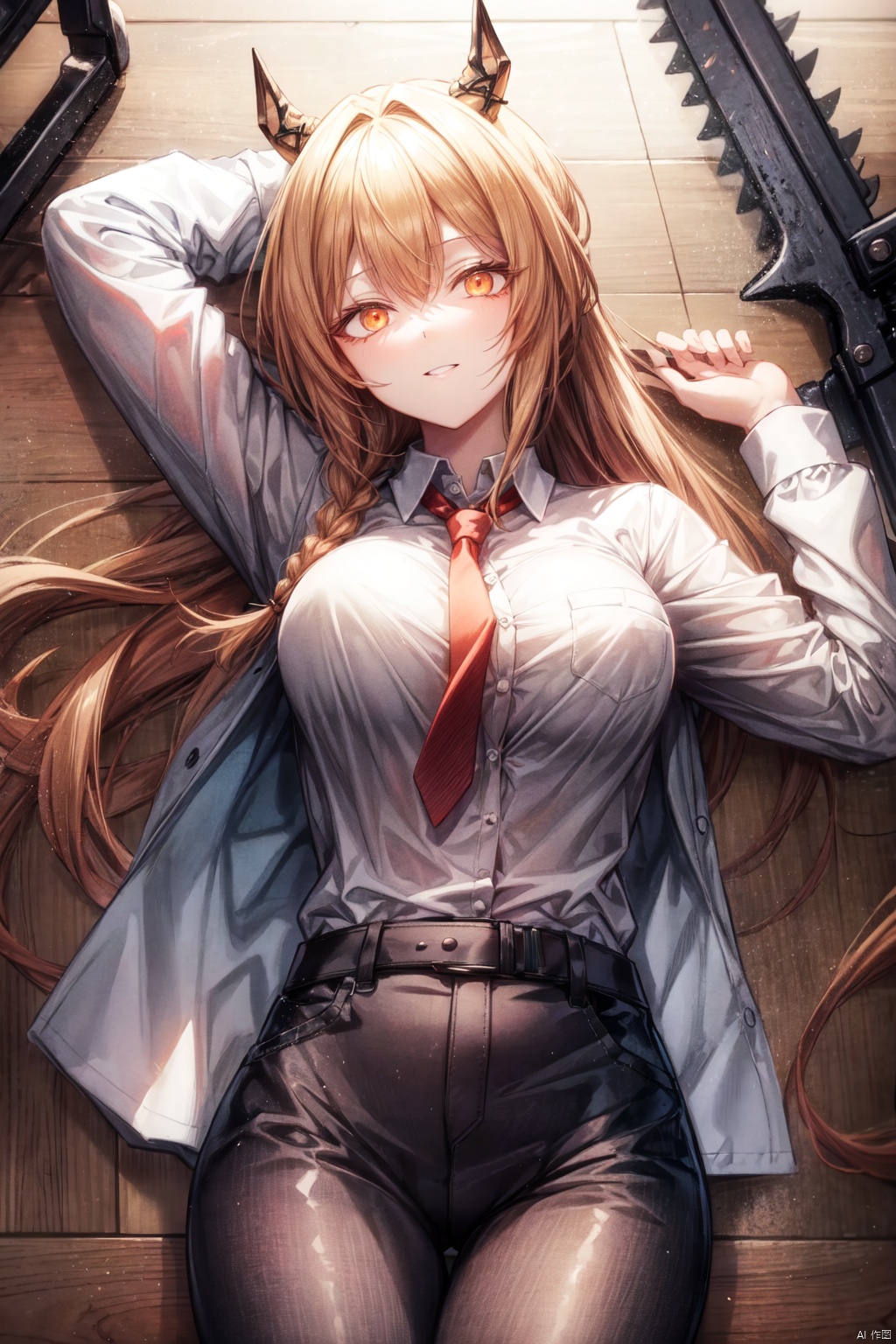  makima \(chainsaw man\), 1girl, shirt, braid, lying, power \(chainsaw man\), white shirt, red hair, necktie, on back, pochita \(chainsaw man\), black necktie, collared shirt, black pants, checkered floor, looking at viewer, long sleeves, breasts, medium breasts, ringed eyes, solo, braided ponytail, bangs, pants, yellow eyes, long hair, parted lips, sidelocks, orange eyes, shirt tucked in, dress shirt, denji \(chainsaw man\), smile, horns, artoria pendragon \(fate\), Liquid metal girl, ceobe_(arknights)