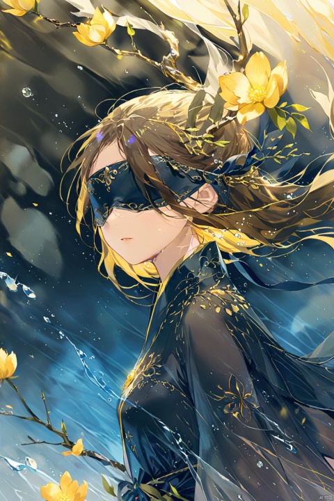  1 girl,(Yellow light effect),(blindfold:1.2),hair ornament,jewelry,looking at viewer,flower,floating hair,water,underwater,air bubble,Flowers,petal,branch,submerged
