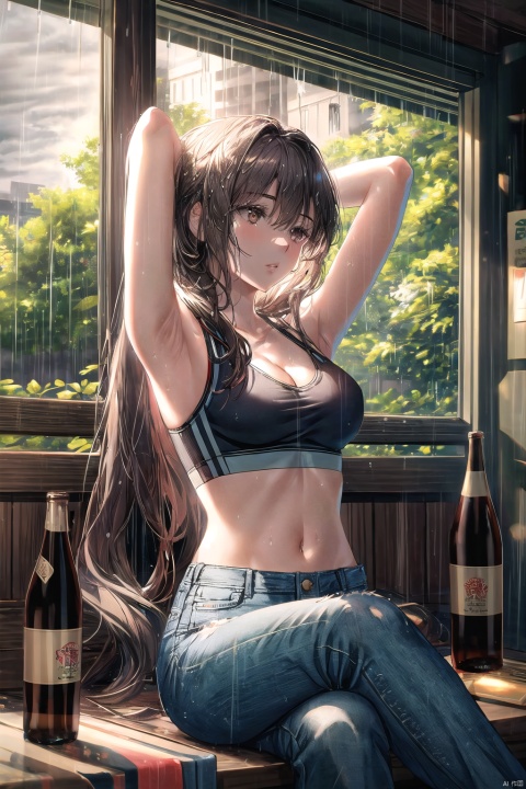  1girl, solo, long hair, breasts, black hair, navel, cleavage, brown eyes, medium breasts, sitting, midriff, pants, indoors, armpits, bra, blurry, arms up, lips, bottle, denim, arms behind head, jeans, sports bra, realistic,(rainning:1.3), ((poakl)), talulah (arknights)