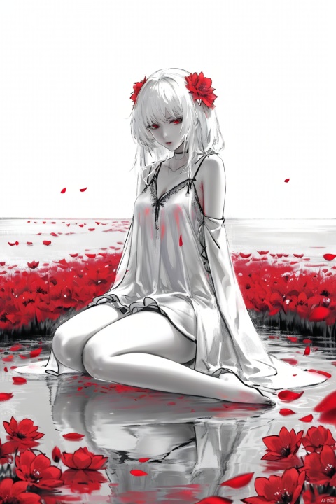  (masterpiece),(best quality),illustration,ultra detailed,hdr,Depth of field,(colorful),1girl,red eyes,white long translucent night gown,expressionless,(white hair),hair cover one eye,long hair,red hair flower,kneeling on lake,blood,(plenty of red petals:1.35),(white background:1.5),(English text),greyscale,monochrome,greyscale,monochrome,sketch, Kal'tsit, white hell, Migunov, gummy_(arknights),monoclor,lineart, qzhsws, texas_the_omertosa_(arknights), yyy, texas \(arknights\), soles