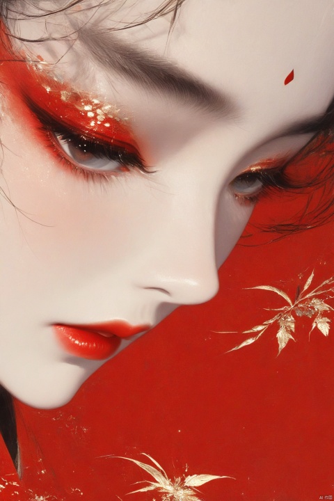 1 Girl, close-up, red lips, long eyelashes, bright big eyes, beautiful sad wallpaper style, Skadi
