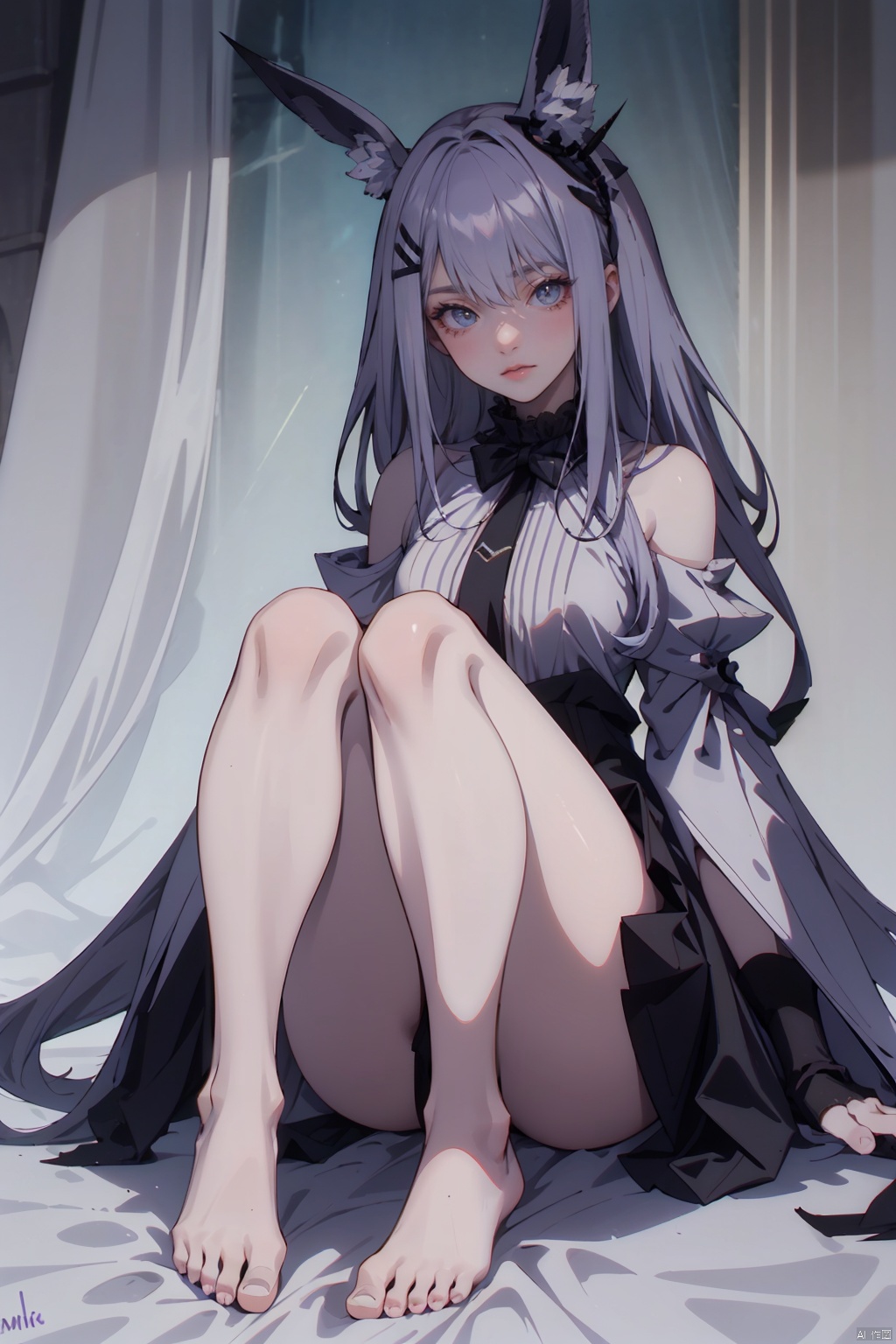  TT, 1girl, ganyu \(genshin impact\), feet, solo, blue hair, no shoes, horns, breasts, soles, purple eyes, gloves, long hair, pantyhose, ahoge, looking at viewer, maid headdress, black gloves, black pantyhose, bare shoulders, sitting, toes, holding, bangs, alternate costume, bodystocking, full body, medium breasts, signature, maid, goat horns, detached sleeves, dress, tassel, blush, flower knot, bell, legs, sidelocks, foot focus, smile, foreshortening, closed mouth, enmaided, artist name, hair between eyes,无, MizarFeet,