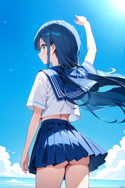  best quality, amazing quality, very aesthetic, absurdres,1girl, solo, long_hair, skirt, blue_eyes, blue_hair, very_long_hair, school_uniform, short_sleeves, serafuku, looking_at_viewer, sky, shirt, sailor_collar, white_shirt, cloud, blue_sky, blue_skirt, arm_up, day, looking_back, bangs, blue_sailor_collar, hair_between_eyes, from_behind, cowboy_shot, black_skirt, shiny_hair, midriff, standing, outdoors, miniskirt, shiny, floating_hair, parted_lips, crop_top, ((poakl))