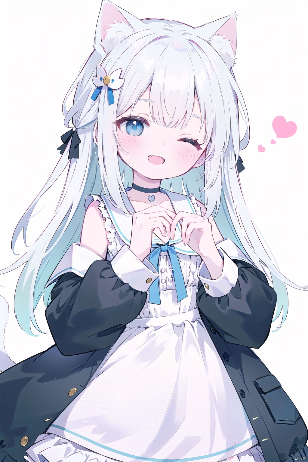  30710, 1girl, solo, long hair, looking at viewer, blush, smile, open mouth, bangs, blue eyes, simple background, hair ornament,white background, animal ears, white shirt, upper body, grey hair, heart, one eye closed, choker, hairclip, fang, virtual youtuber, cat ears, black choker, white jacket, ;d, cat girl, cropped torso, sleeveless dress,white dress