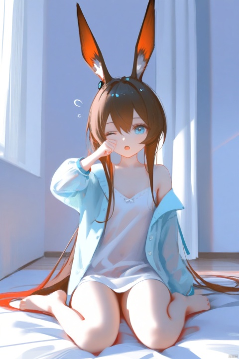  masterpiece,best quality,high quality,(colorful),[Artist miwano rag],[Artist wlop],[Artist chen bin],loli,nai3 Style, amiya (arknights), animal ears, rabbit ears, brown hair, long hair, breasts, blue eyes, small breasts, one eye closed, waking up, sitting, rubbing eyes, wariza, 1girl, very long hair, solo, shirt, rabbit girl, hair between eyes, see-through, off shoulder, barefoot, curtains, arm up, open mouth, white shirt, indoors, looking at viewer, hand up, open clothes, see-through silhouette, sleepy, ;o, bare shoulders, Kal'tsit