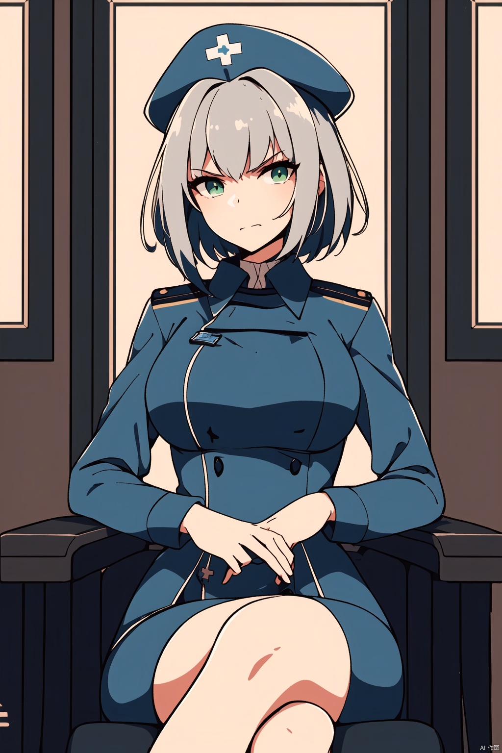 A woman dressed in military medical attire, wearing a blue-green nurse uniform, medium length short hair, a gloomy and angry expression, a blue nurse hat, a beautiful anime portrait, sitting on a chair with raised feet, black stockings, five toes, digital anime illustrations, beautiful anime style, fantasy medical worker, anime illustrations, anime fantasy illustrations, beautiful character paintings, pop art, (\ personality \), w_ (Arknights), 1 girl, green eyes, ((poakl)),kaldef