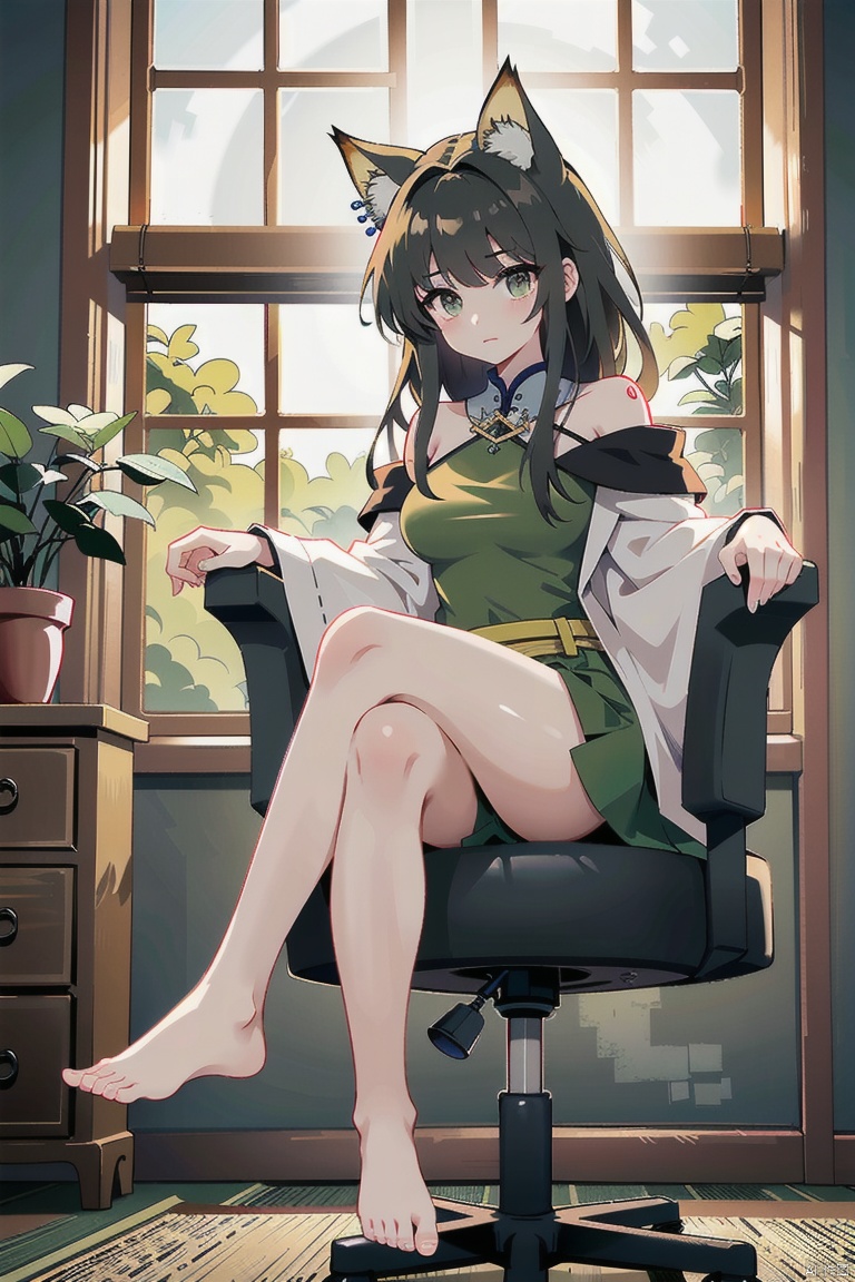 A girl, {feet on the table}, sitting with her whole body, feet, toes, legs, crossed legs, arms crossed, black pantyhose, ****, foot focus, no shoes, Dutch horn, looking at the audience, office chair, sharp eyes, long hair, smooth skin, solo, window, blinds, Asian beauty wearing black stockings, short skirt, casual colored clothes, her own shoulder skirt, sitting Asian beauty. Qiu Ying's works are simple Chinese paintings with simple lines. He is a master of ancient Chinese painting, known for his ink wash, oriental style, traditional clothing, line art, abstract art, and yellow rice paper. Gu Kaizhi and Wu Daozi focus on artistic conception, with simple backgrounds and diverse styles. He has a certain artistic atmosphere and high-end flashlight effects