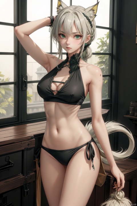  1 girl, solo, long hair, chest, powder blusher, bangs, shirt, navel, bare shoulder, double tail, medium chest, standing, thigh, cowboy lens, sleeveless, abdomen, indoor, underarm, abdomen, arm up, navel revealing shirt, bare arms, windows, sleeveless shirt, mouth support, arms behind the head, gown, hair binding, locker, hair tied in the mouth, sports bikini (poakl), swimsuit, green eyes, w_(arknights), ahegao, yinwen,no humans,1girl, ((poakl)),kaldef