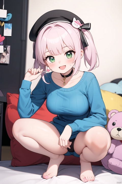  A high-resolution, photorealistic masterpiece featuring a solo girl in a squatting position, wearing a blue sweater with long sleeves and a beret. She has purple eyes and pink hair styled in two side up, with hair bows and a heart-shaped lollipop hair ornament. The scene is illuminated with studio lighting, showcasing ultra-detailed and realistic features. The girl is holding a heart-shaped lollipop and a stuffed teddy bear, with her feet out of frame. Her expression is joyful, with a smile and an open mouth. The background is white, emphasizing the girl's colorful attire and accessories., green eyes