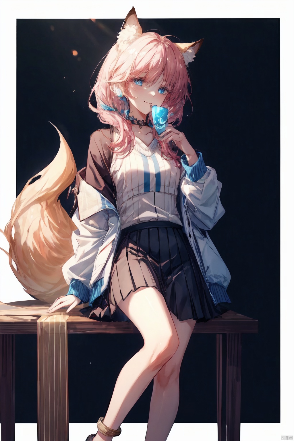 Clothing, animal, ear, plush, animal, ear, anklets, hair, shirt, brown sweater, sweater, closed, mouth, colorful, ear, girl, background, skirt, high-rise, kitsune, kyuubi, multi-color, hair, shirt, simple, background, skirt, smile, zuran, (anklets), hair, ((poakl)),, detailed, blue_poison_(arknights)
