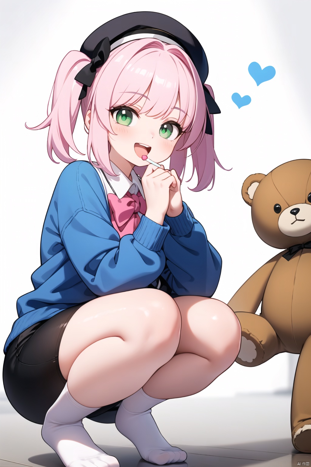  A high-resolution, photorealistic masterpiece featuring a solo girl in a squatting position, wearing a blue sweater with long sleeves and a beret. She has purple eyes and pink hair styled in two side up, with hair bows and a heart-shaped lollipop hair ornament. The scene is illuminated with studio lighting, showcasing ultra-detailed and realistic features. The girl is holding a heart-shaped lollipop and a stuffed teddy bear, with her feet out of frame. Her expression is joyful, with a smile and an open mouth. The background is white, emphasizing the girl's colorful attire and accessories., green eyes