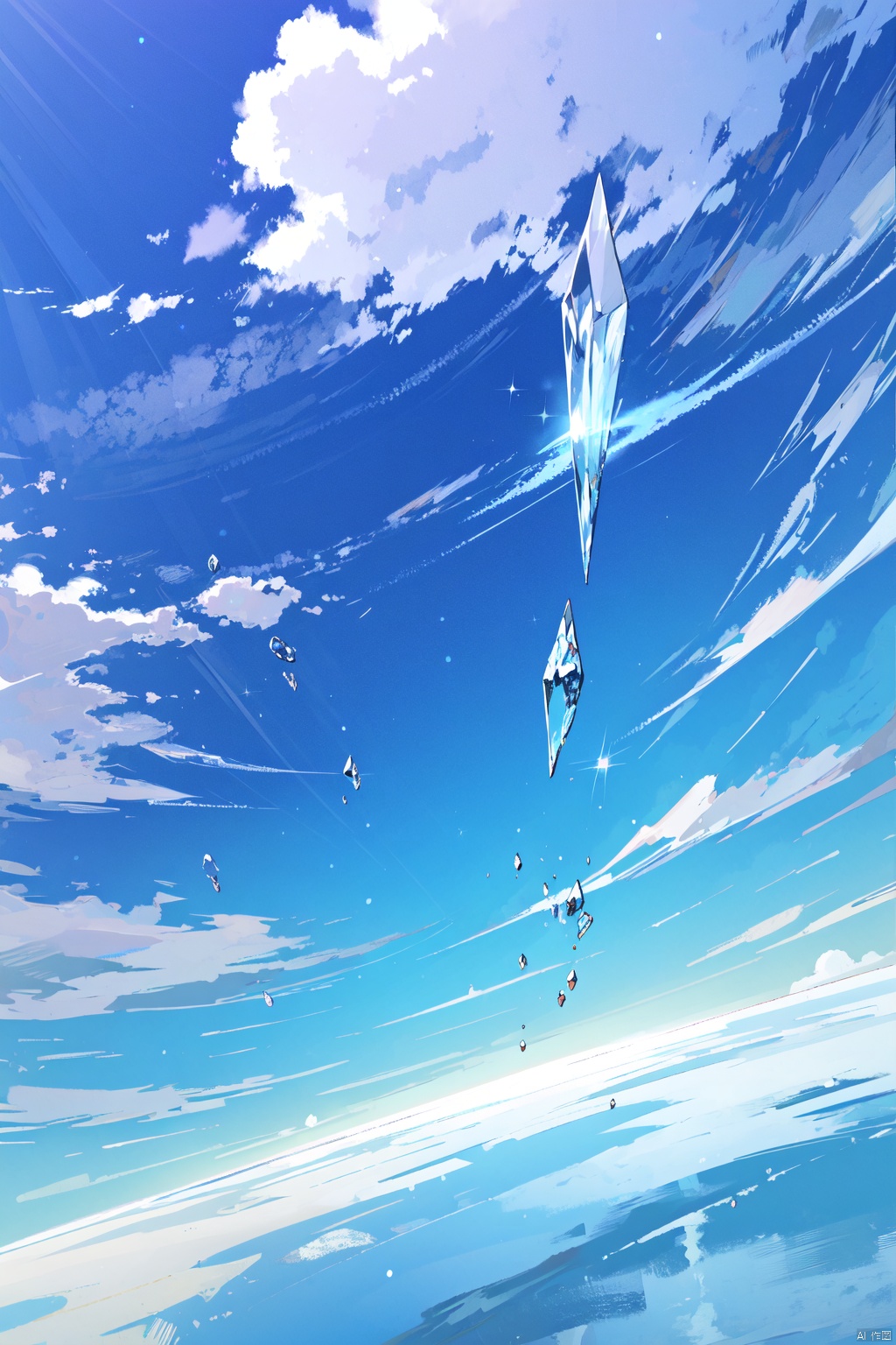 Crystal,transparent,glowing,cloud,Spring,雨点,Blue Sky and White Clouds,Masterpiece,Super Detailed, Best quality,