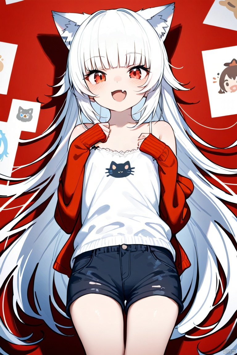  ultra-detailed,(best quality),((masterpiece)),(highres),original,extremely detailed 8K wallpaper,(an extremely delicate and beautiful), anime, \\, BREAK 1girl, long hair, white hair, virtual youtuber, open mouth, cat ears, fang, smile, blush, camisole, shorts, solo, bangs, very long hair, shirt, looking at viewer, :d, skin fang, ribbon, red eyes, simple background, ((young teenage girl)), ((petite))