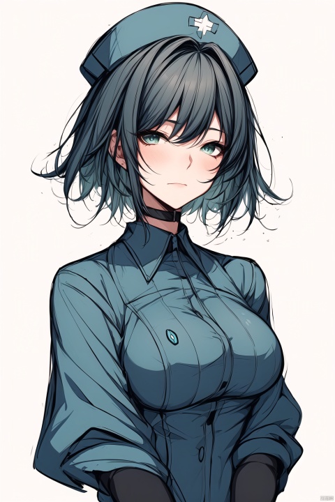 a woman in a nurse uniform, blue green nurse suit, short black hair, innocent expression, blue nurse hat, beautiful anime portrait, digital anime illustration, beautiful anime style, fantasy medical worker, anime illustration, anime fantasy illustration, beautiful character painting, trending on artstration,（\personality\）, w_(arknights), smug, 1girl, green eyes