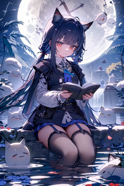  (best quality),(masterpiece),1girl, book, solo, long_hair, animal_ears, thighhighs, toeless_legwear, moon, red_eyes, twintails, tree, hood, ripples, reflection, very_long_hair, night, water, skirt, full_moon, open_book, cat_ears, garter_straps, low_twintails, texas_the_omertosa_(arknights), MizarFeet,