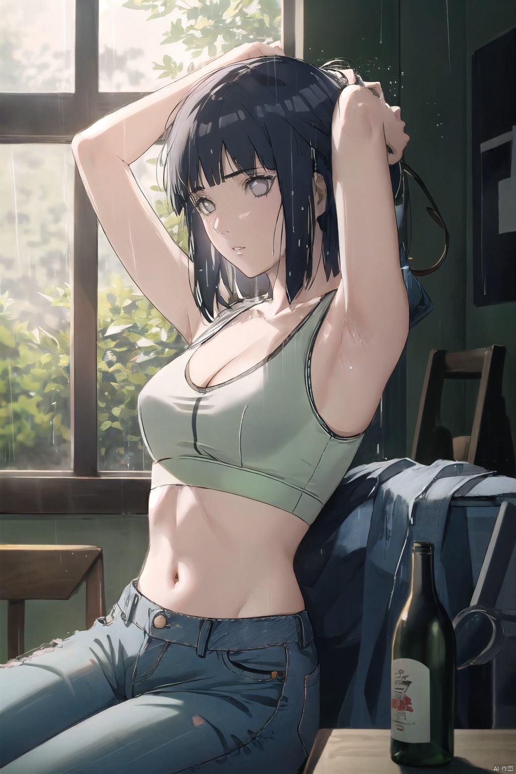  1girl, solo, long hair, breasts, black hair, navel, cleavage, brown eyes, medium breasts, sitting, midriff, pants, indoors, armpits, bra, blurry, arms up, lips, bottle, denim, arms behind head, jeans, sports bra, realistic,(rainning:1.3), ((poakl)), oyama_mahiro, Rin_CYQL, hinata\(boruto\)