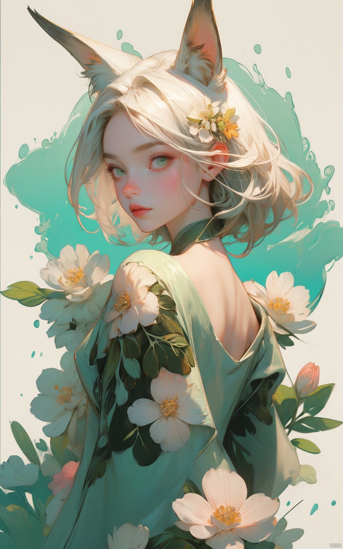  1girl, aqueous media, florals, swirles, 1 girl, , , , , FF, vg, rabbit ears, green eyes