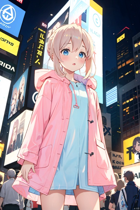  Ultra-high resolution, cinematic lighting,Woman wearing pink raincoat in Times Square,xxmix_girl,more detail XL, blue medium hair, artoria pendragon \(fate\), yinyou
