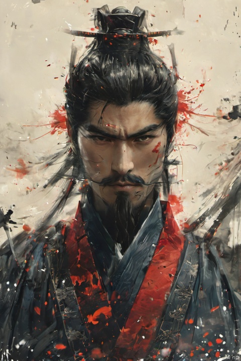  ananmo, 1boy, male focus, solo, facial hair, beard, manly, black hair, blood, samurai, armor, helmet, looking at viewer, mustache, upper body, HanFu Man