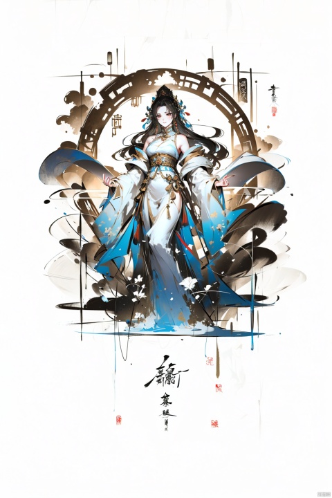  Chinese mythological figure Bai Gujing, Journey to the West, black long hair, white clothes, white and blue, Chinese style, exquisite makeup, white bone decoration, 32K, ultra-high definition, charming posture, style, RTX open, exquisite realism, immersive, King of Glory style, beautiful woman, unique personality, dreamy and romantic composition style, Unreal Engine 5, UE5 rendering.