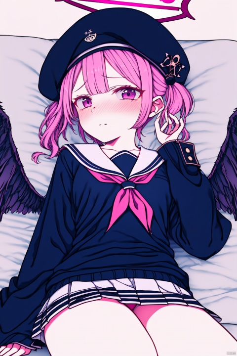  (masterpiece),(best quality),1girl, koharu \(blue archive\), solo, pink hair, wings, head wings, gun, neckerchief, blush, black wings, twintails, hat, skirt, halo, pink neckerchief, on back, looking at viewer, weapon, pink eyes, lying, off shoulder, sailor collar, black headwear, long sleeves, beret, rifle, shirt, collarbone, sleeves past wrists, bangs, feathered wings, black shirt, white sailor collar, school uniform, snail, long hair, breasts, book, single bare shoulder, nose blush, miniskirt, small breasts, bag