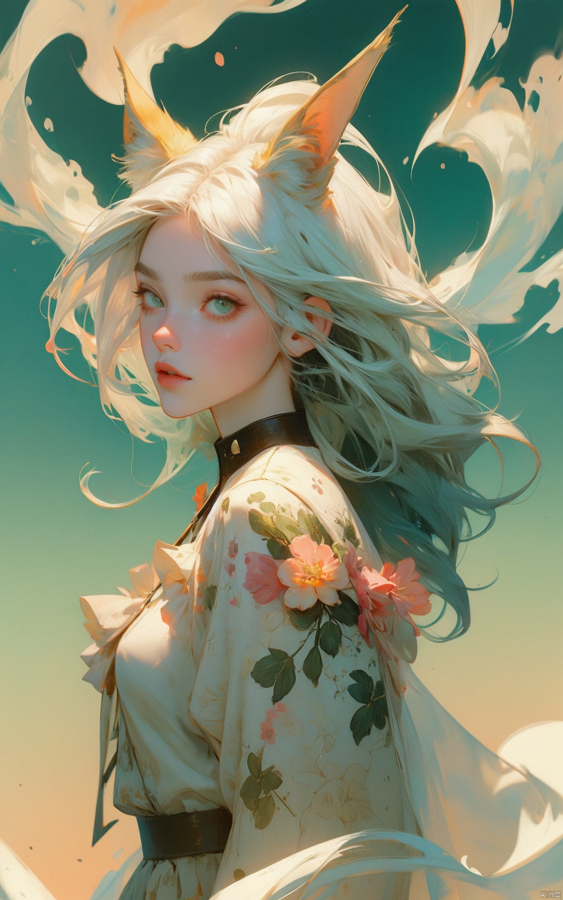  1girl, aqueous media, florals, swirles, 1 girl, , , , , FF, vg, rabbit ears, green eyes