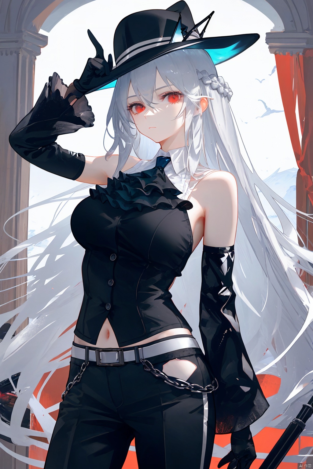  nai3, 1girl, solo, long hair, red eyes, black headwear, looking at viewer, bare shoulders, breasts, hat, very long hair, black pants, gloves, detached sleeves, pants, ascot, cowboy shot, official alternate costume, shirt, bangs, black shirt, braid, skadi (arknights), black gloves, grey hair, thigh cutout, black ascot, long sleeves, large breasts, closed mouth, white hair, medium breasts