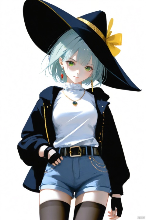 Masterpiece, Best Quality, High Quality (Colored), [Artist miwano rag], [Artist Chen Bin], [Artist wlop: 1], Artist kisargi yaya, 1Girl, solo, Green eyes, white background, hat, shorts, earrings, looking at the audience, simple background, jewelry, short hair, holding, black headwear, pantyhose, black shorts, shirt, gray green hair, white shirt, closed mouth, long sleeves, jacket, belt, gloves, looking from below, chest, black gloves, crossed earrings, fingerless gloves, shorts, black hooded shirt, pointed hat, tomorrow's ark, indifferent face, Kal'tsit
