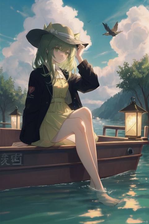  masterpiece,best quality,high quality,(colorful),[Artist miwano rag],[Artist chen bin],[Artist wlop],Artist Anmi, 1girl, bird, long_hair, solo, sitting, hat, barefoot, soaking_feet, black_hair, lantern, water, outdoors, straw_hat, jacket, dress, cloud, brown_eyes, sky, long_sleeves, open_clothes, yellow_eyes, knee_up, tree, bare_legs, boat, green eyes