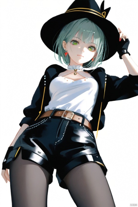 Masterpiece, Best Quality, High Quality (Colored), [Artist miwano rag], [Artist Chen Bin], [Artist wlop: 1], Artist kisargi yaya, 1Girl, solo, Green eyes, white background, hat, shorts, earrings, looking at the audience, simple background, jewelry, short hair, holding, black headwear, pantyhose, black shorts, shirt, gray green hair, white shirt, closed mouth, long sleeves, jacket, belt, gloves, looking from below, chest, black gloves, crossed earrings, fingerless gloves, shorts, black hooded shirt, pointed hat, tomorrow's ark, indifferent face, Kal'tsit