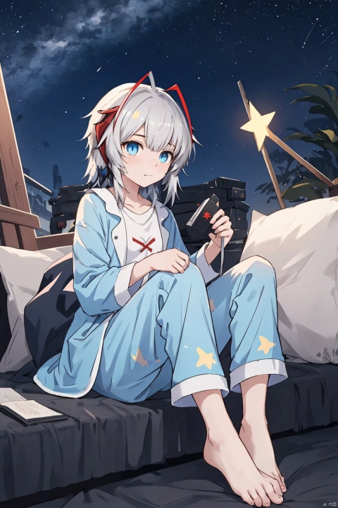  anime,8K,boy,Sixteen years old,whiter hair,blue eye,barefoot,Blue pajamas, Holding a five pointed star in hand, decorated with stars, dotted with dots, w_(arknights)