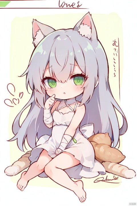 QB, chibi, 1girl, colored eyelashes, animal ears, braces, long hair, green eyes, white dress, dress, sleeveless dress, barefoot, super long hair, bandages, earphones, sitting, wrapped arms, animal ears fluff, Cat's ears (Steamed cat-ear shaped bread), no underpants, looking at the audience, solo, sleeveless, artist name, bare shoulders, feet, tail, finger to mouth, toes, bangs, animals, cat tail, cat girl, shush, collarbone, small breasts, wrapped hands, index finger raised, signature, breasts, soft, green eyes, platinum_(arknights), arene (arknights)
