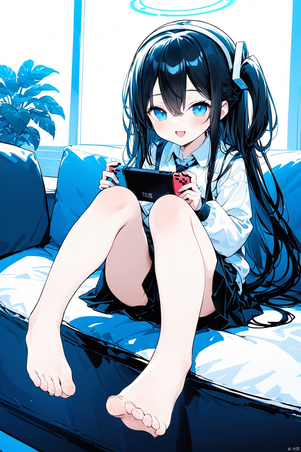  masterpiece, best quality,yellow_theme anime_girl_sitting_on_a_couch_with_her_legs_crossed_and_a_remote_in_her_hand game_top_down_view perspective wide_shot best_quality newest masterpiece aris_\(blue_archive\) 1girl feet barefoot blue_eyes toes solo soles long_hair black_hair foot_focus necktie bare_legs hair_between_eyes skirt nintendo_switch halo shirt v foreshortening indoors white_shirt blue_necktie open_mouth holding one_side_up couch smile hairband plant long_sleeves potted_plant handheld_game_console black_skirt looking_at_viewer upper_only school_uniform legs game_console full_body very_long_hair bangs sitting holding_handheld_game_console collared_shir, cockpit, gzly