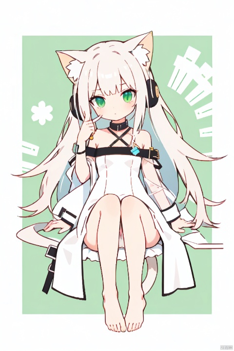  QB,chibi,1girl, white cat, cat, colored eyelashes, animal ears, strap slip, long hair, blue eyes, white dress, dress, sleeveless dress, barefoot, very long hair, bandages, headphones, sitting, bandaged arm, animal ear fluff, cat ears, no panties, looking at viewer, white hair, solo, sleeveless, artist name, bare shoulders, feet, tail, finger to mouth, toes, bangs, animal, cat tail, cat girl, shushing, collarbone, small breasts, bandaged hand, index finger raised, signature, breasts, white hell, soft, green eyes, yinwen,no humans