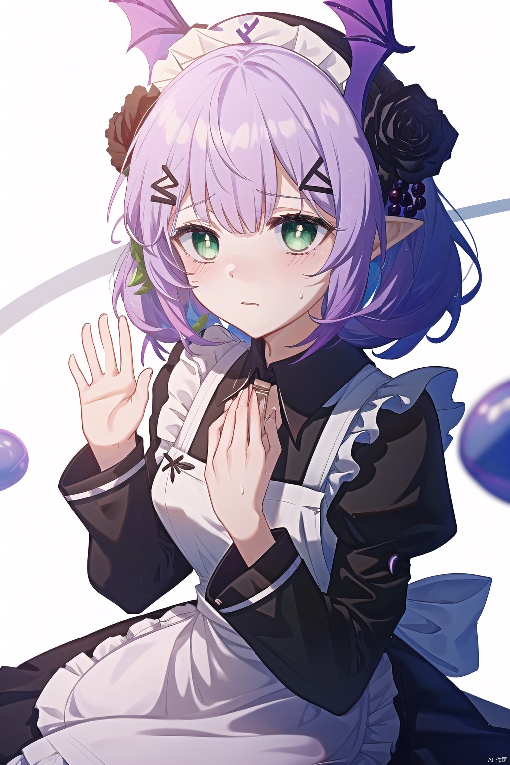1 girl, gotoh hitori, @ _ @, black dress, cflustered, cube hair accessory, maid apron, raise hand, maid headwear, panic, beads of sweat, single, upper body, dynamic angle, white background, Kal'tsit, gummy_(arknights), green eyes,kaldef, a girl named arknian