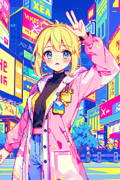 Ultra-high resolution, cinematic lighting,Woman wearing pink raincoat in Times Square,xxmix_girl,more detail XL, blue medium hair, artoria pendragon \(fate\), yinyou,yinyou color, ((pixelart))