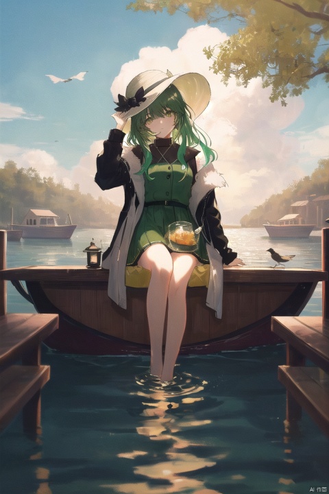  masterpiece,best quality,high quality,(colorful),[Artist miwano rag],[Artist chen bin],[Artist wlop],Artist Anmi, 1girl, bird, long_hair, solo, sitting, hat, barefoot, soaking_feet, black_hair, lantern, water, outdoors, straw_hat, jacket, dress, cloud, brown_eyes, sky, long_sleeves, open_clothes, yellow_eyes, knee_up, tree, bare_legs, boat, green eyes
