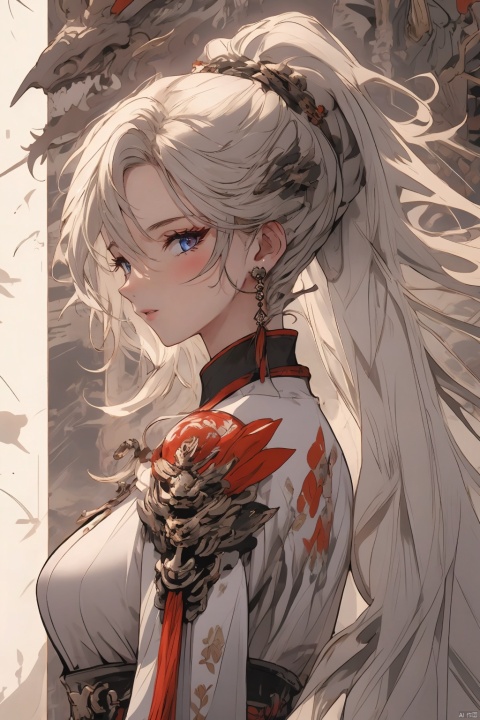  solo,highly detailed,(best quality),((masterpiece)),1girl,white hair,simple_background,long hair,(big_breasts),peiyuhan,(evil smile),upper_body,taunting,(evil),(arms behind back),evil laugh,nsfw, miaoying,ponytail,,((white eyes)),lightning background,from below, chinese armor, midjourney portrait, machinery