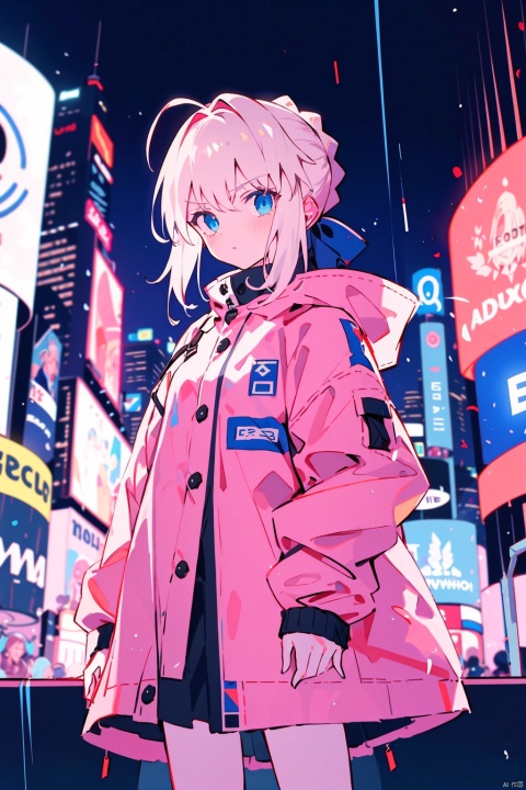  Ultra-high resolution, cinematic lighting,Woman wearing pink raincoat in Times Square,xxmix_girl,more detail XL, blue medium hair, artoria pendragon \(fate\)