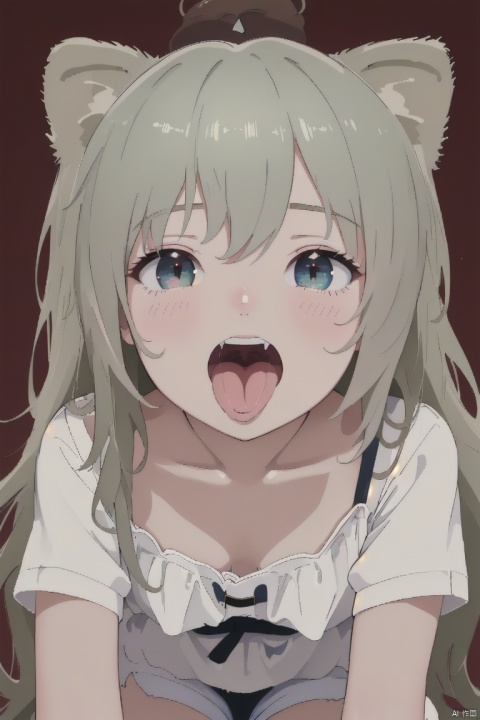 ultra-detailed,(best quality),((masterpiece)),(highres),original,extremely detailed 8K wallpaper,(an extremely delicate and beautiful), anime, \\, BREAK 1girl, long hair, white hair, virtual youtuber, open mouth, cat ears, fang, smile, blush, camisole, shorts, solo, bangs, very long hair, shirt, looking at viewer, :d, skin fang, ribbon, red eyes, simple background, ((young teenage girl)), ((petite)), dino, ears down, ((poakl)), Detail, shuixia, origen, shead, qzfuling, nayutaren, fl, ph_katou, Open mouth, green eyes, gotou hitori