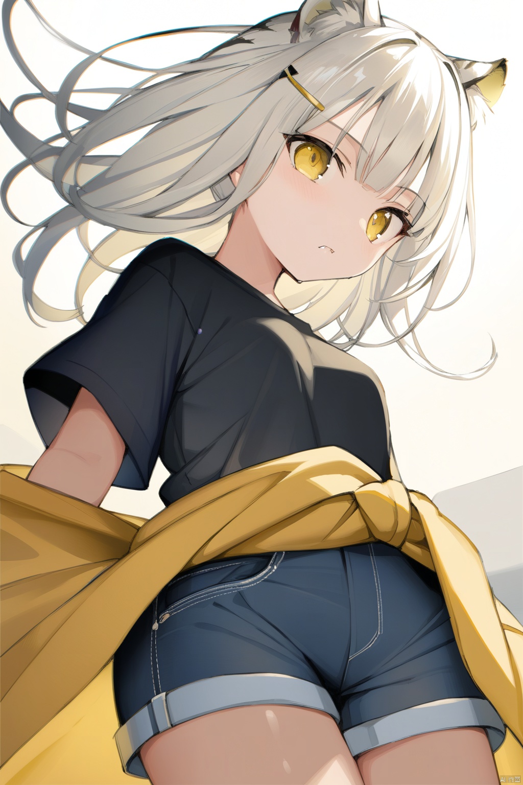  (masterpiece),(best quality),loli,petite,medium breast,(panorama:1.2),causticstail,disheveled hair, messy hair, long bangs, floating hair,highleg,{{short shorts}},solo,{an extremely delicate and beautiful}++++loose clothes,(black t-shirt:1.4)++,hairclip,++(animal print:1.2)++++Yellow eyes,white hair,tiger ears,fang out,{beautiful eyes},yellow jacket around waist,solo,cozy anime, Kal'tsit