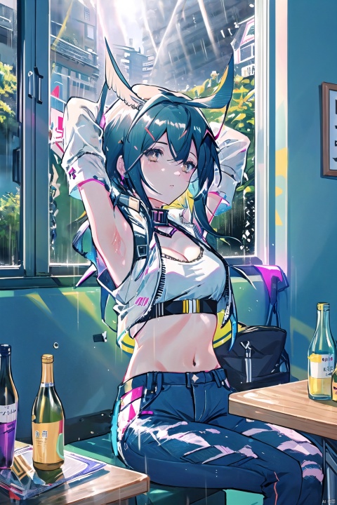  1girl, solo, long hair, breasts, black hair, navel, cleavage, brown eyes, medium breasts, sitting, midriff, pants, indoors, armpits, bra, blurry, arms up, lips, bottle, denim, arms behind head, jeans, sports bra, realistic,(rainning:1.3), ((poakl)), oyama_mahiro, Rin_CYQL, hinata\(boruto\), w_(arknights), yinyou