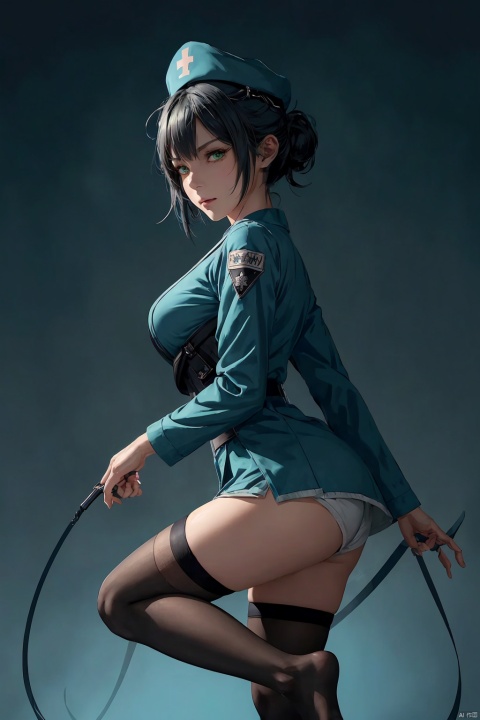 A woman wearing military medical attire, blue-green nurse uniform, medium length short hair, gloomy and angry expression, blue nurse hat, beautiful anime portrait, black stockings, five toes, foot vision, trampling perspective, being stepped on, digital anime illustration, beautiful anime style, fantasy medical worker, anime illustration, anime fantasy illustration, beautiful character painting, pop art, (\ personality \), w_ (Arknights), 1 girl, green eyes, (trampling), ((poakl))
