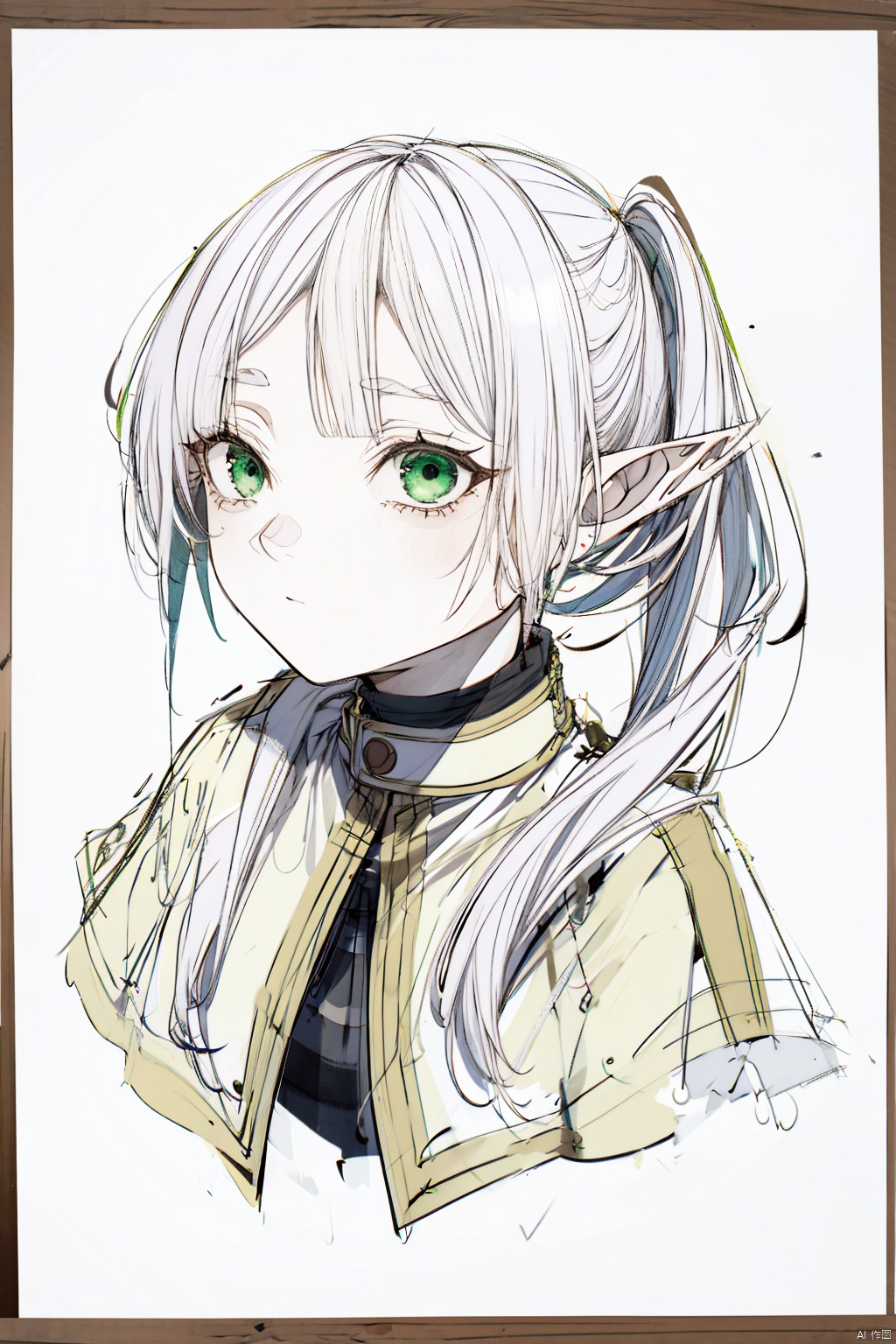 [(white background:1.4)::4], solo, traditional media, sketch, (wooden border:1.32),
solo, 1girl, elf, (chibi:1.3),
green eyes, (white hair), (long hair), (blunt bangs), floating hair, green gradient hair,
frilled shirt, black bowtie, long sleeves, white capelet,
upper body, (cropped torso),
looking at viewer, expressionless,
white background, fantasy, aster, garden, green leaves, fflogo, Frieren at the Funeral