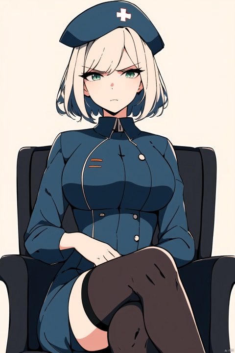 A woman dressed in military medical attire, wearing a blue-green nurse uniform, medium length short hair, a gloomy and angry expression, a blue nurse hat, a beautiful anime portrait, sitting on a chair with raised feet, black stockings, five toes, digital anime illustrations, beautiful anime style, fantasy medical worker, anime illustrations, anime fantasy illustrations, beautiful character paintings, pop art, (\ personality \), w_ (Arknights), 1 girl, green eyes, ((poakl)),kaldef