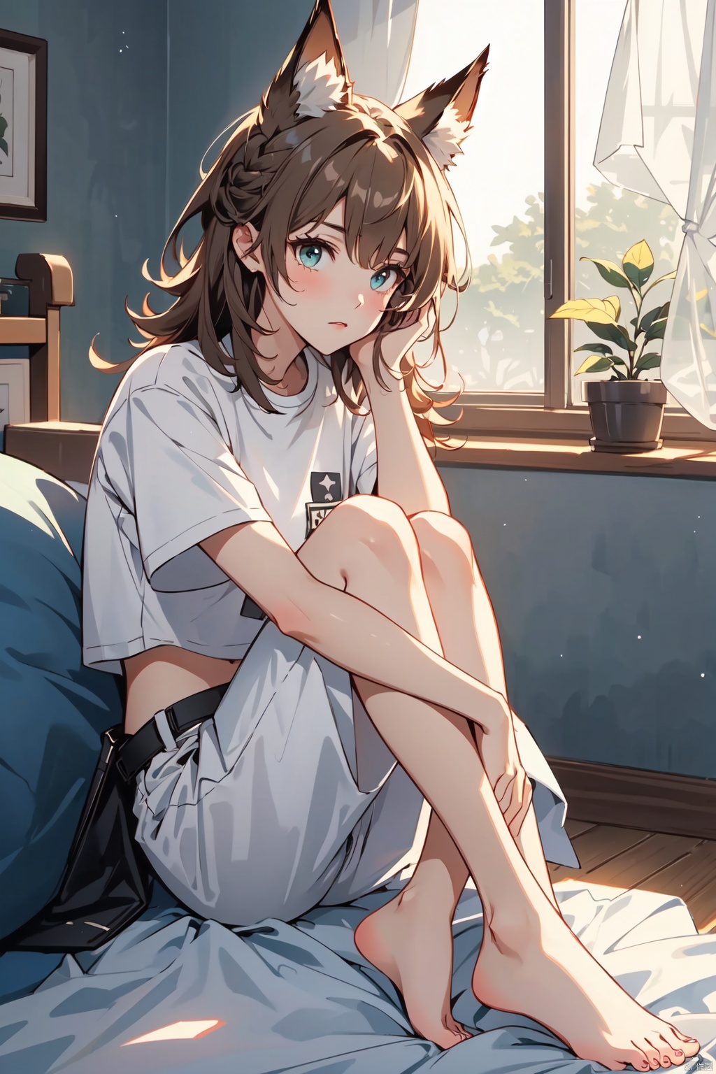  masterpiece, best quality,backlight,Tyndall effect,Crepuscular Rays,1girl,white_hairbangs,long hair,French braid,blue eyes,cold expression,lightseagreen T-shirt,navel,fetal_position ,pumpkin pants
,small_breasts,No shoes on,bedroom,White cloth sofa,White blanket,Dieffenbachia seguine Schott,White curtains,bare feet,bare legs,****,foot focus, w_(arknights), artoria pendragon \(fate\), green eyes, shidudou,solo, miyamizu_mitsuha, white hell, oyama_mahiro, jtc, platinum_(arknights), ceobe_(arknights), gummy_(arknights), yamada ryo, ijichi nijika, tatsumaki, akebi komichi, Furry Girl, fox ear,kaldef, dusk_(arknights), nibutani shinka, takanashi rikka, TUSHANHONGHONG,texas_the_omertosa_(arknights),艾斯德斯, ning, swire_(arknights), 1girl, isshiki_iroha