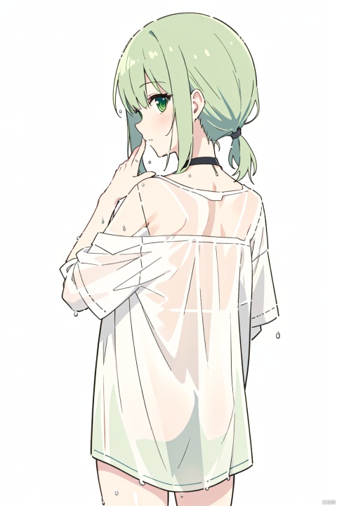  1 girl, focused, solo, looking back, looking from behind, half fallen clothes, shirt, white background, white shirt, looking at the audience, green eyes, boyfriend, comfortable anime, perspective wet T-shirt, soft, hair tied, hair tied, perfect fingers, ((poakl)), phSaber,kaldef