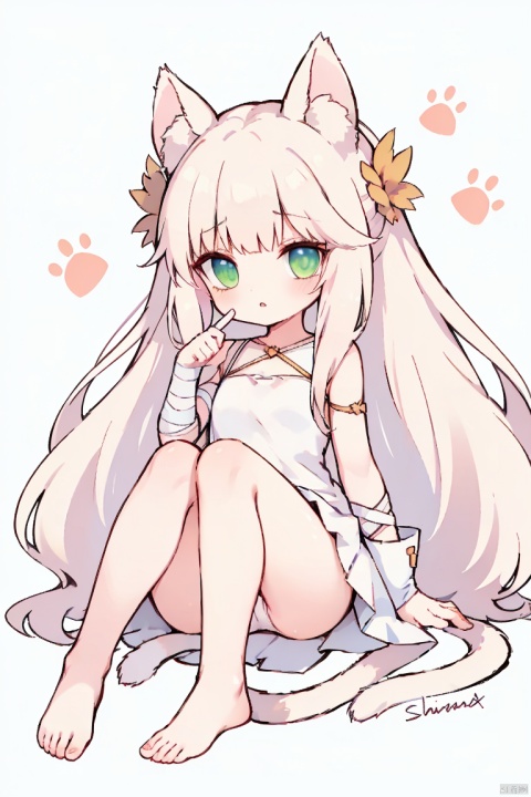 QB, chibi, 1girl, colored eyelashes, animal ears, braces, long hair, green eyes, white dress, dress, sleeveless dress, barefoot, super long hair, bandages, earphones, sitting, wrapped arms, animal ears fluff, Cat's ears (Steamed cat-ear shaped bread), no underpants, looking at the audience, solo, sleeveless, artist name, bare shoulders, feet, tail, finger to mouth, toes, bangs, animals, cat tail, cat girl, shush, collarbone, small breasts, wrapped hands, index finger raised, signature, breasts, soft, green eyes, platinum_(arknights)
